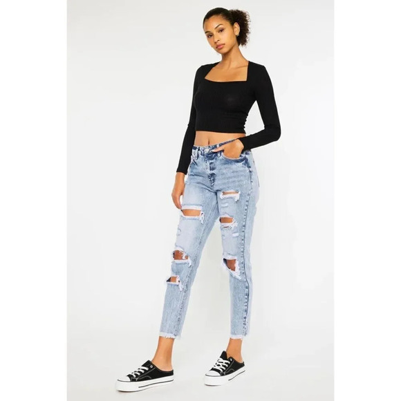 NWT Kancan Collie Super‎ High Rise Distressed Frayed Hem Mom Jeans Size 7/27 - Picture 4 of 16